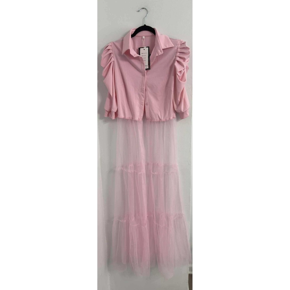 Ekaliy Coquette Sheer‎ Pink Tulle Blouse Womens M